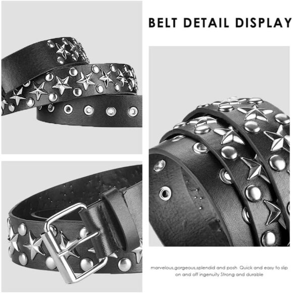 Women's 1 - Black Star Metal Punk Rock Rivet Belt With Bright Pyramid Studded - Picture 3 of 8